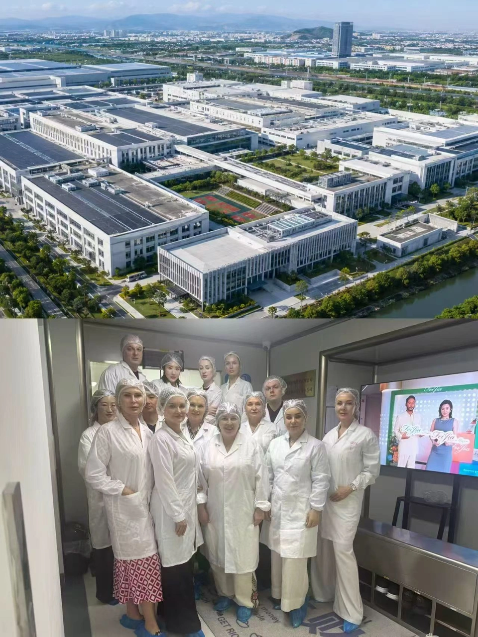 Brand-supplied collage of a campus aerial view and a team visit